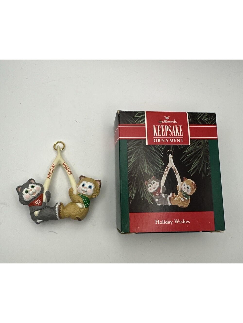 Holiday Wishes`1992`Two Kitties Togging On A Wishbone-Hallmark Ornament